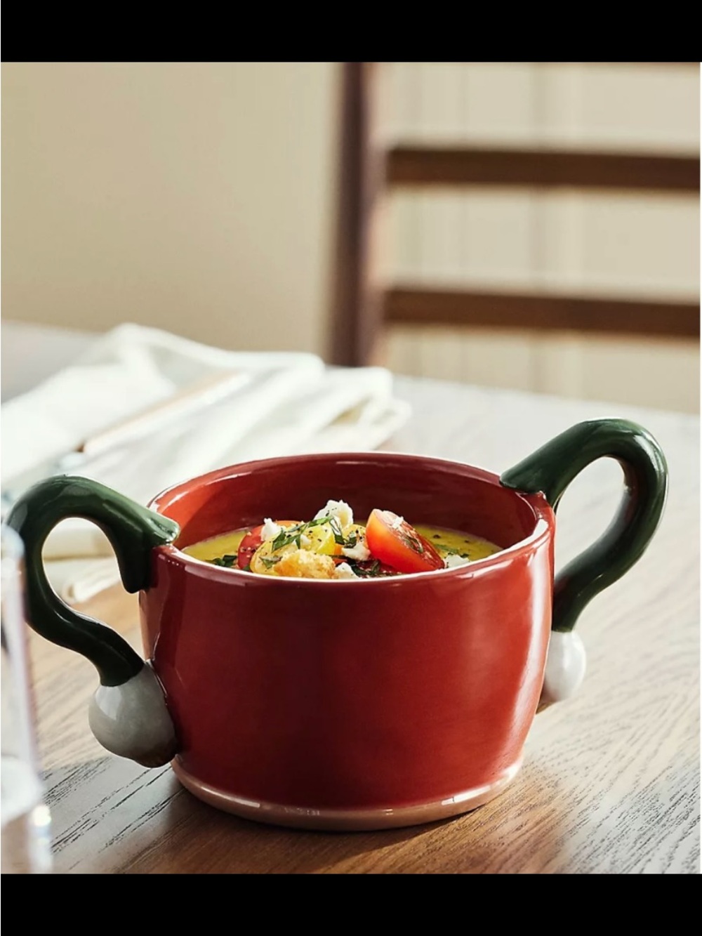 Red Ceramic Double-Handled Soup Bowl with Green Onion Handles.